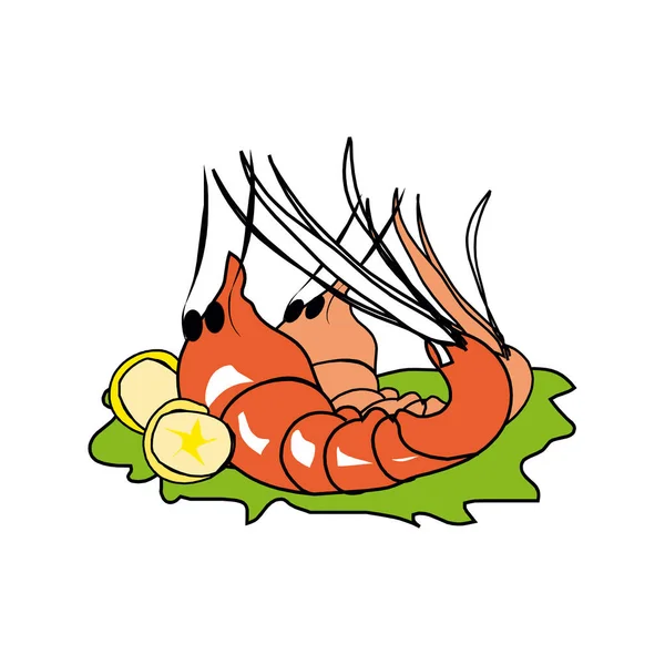 Langostas rojas con rodajas de limón, hojas de lechuga, cebolla, tomates, salsa. Ilustración plana del vector — Archivo Imágenes Vectoriales