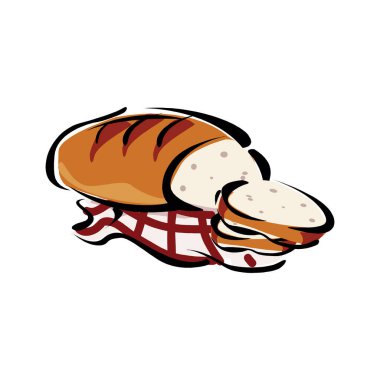 Ekmek, fırın ikonu, dilimlenmiş taze buğday ekmeği beyaz arka planda izole edilmiş.