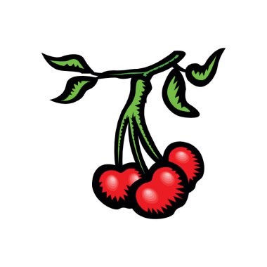 Yapraklı olgun kırmızı kiraz meyveleri. Vektör illüstrasyonu beyaz üzerine izole edildi