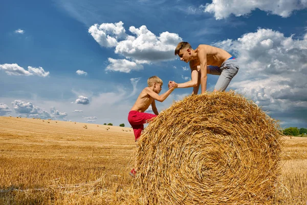 Adolescenti Pantaloncini Con Busto Aperto Saltano Sui Pagliai Fieno Grano — Foto Stock