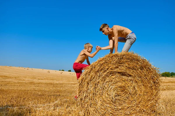 Adolescenti Pantaloncini Con Busto Aperto Saltano Sui Pagliai Fieno Grano — Foto Stock