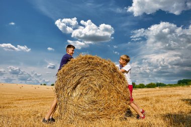 Şortlu ve tişörtlü gençler samanlıkta zıplıyorlar. Tarım alanında buğday samanı. Doğada çocuk günü. Arkadaşlar dışarıda eğleniyor. Arkadaşlar birbirlerinin gözlerinin içine bakar..
