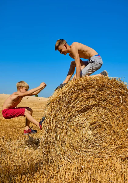 Teenagers Shorts Open Torso Jump Haystacks Wheat Hay Agricultural Field — Stock Photo, Image