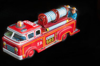 Güzel bir vintage tin oyuncak firetruck kırmızı