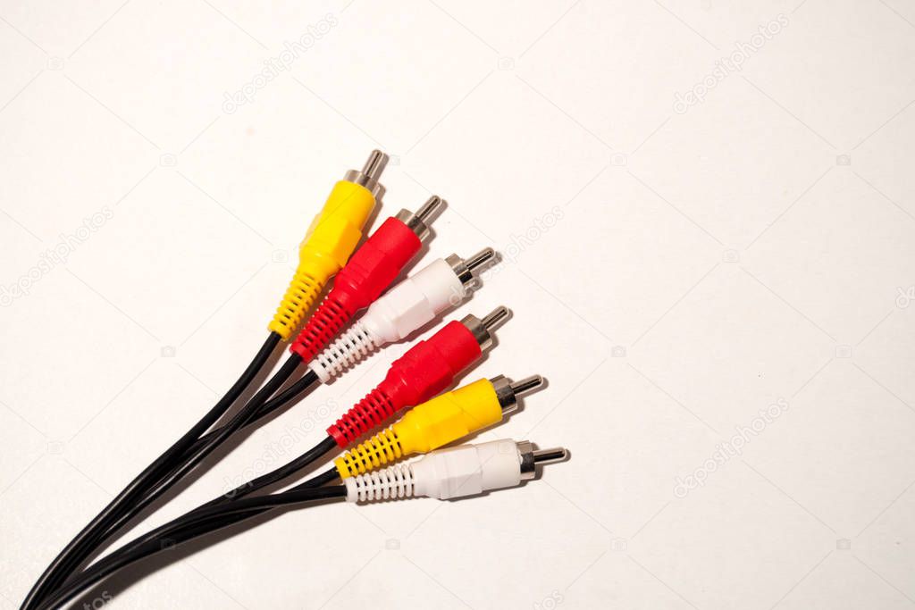 red yellow and white Cable. Audio video cable RCA jack isolated 