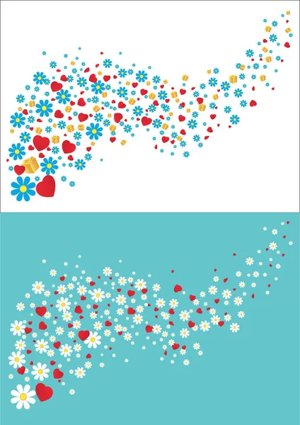 Flygande blommor, hjärtan och gåvor. Vektor — Stock vektor