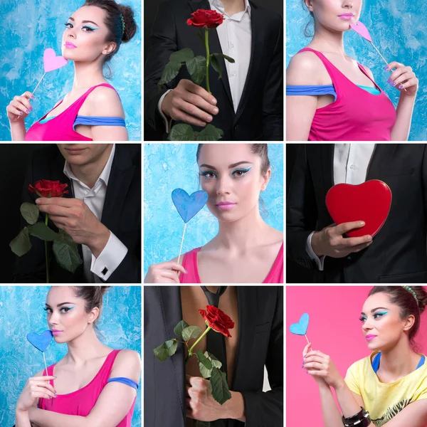 Collage sobre el tema del amor. Mujer con corazón de amor, hombre con — Foto de Stock