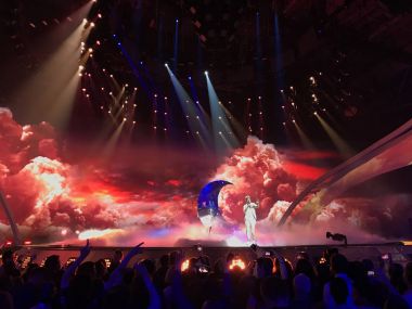 Kyiv, Ukrayna Uluslararası Fuar merkezinde sahne Eurovision 2017 final. 05.13.2017. editoryal.