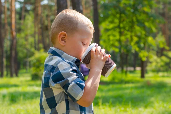 Plastik bir kap üzerinde bir güneşli parkta içme küçük bir çocuk 