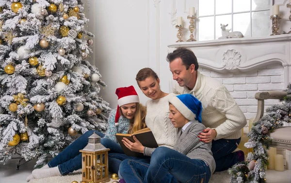 Семья читает книгу рядом с елкой на домашней площадке — стоковое фото
