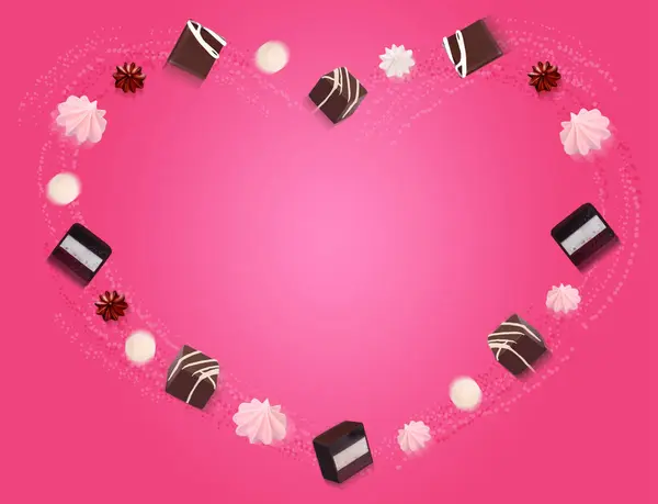 Schokoladenbonbons fliegen auf rosa Hintergrund. — Stockfoto