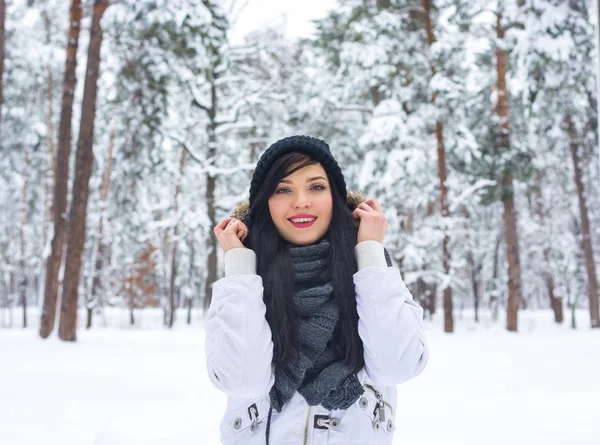 Egy gyönyörű fiatal barna téli erdőben portréja — Stock Fotó