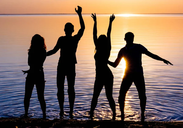 Amigos, chicos y chicas, estudiantes están bailando al atardecer backgrou —  Fotos de Stock