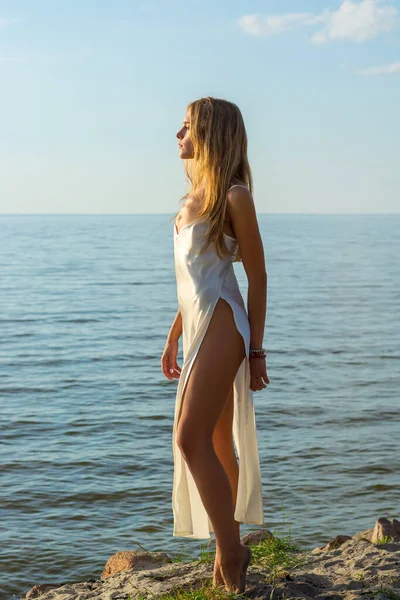 Beautiful Happy Young Woman White Summer Satin Dress Enjoying Sun — Stock Photo, Image