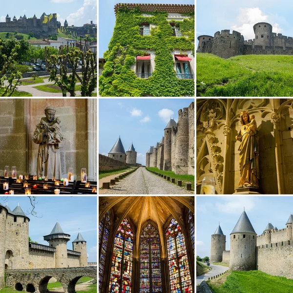 Collage Het Thema Van Frankrijk Middeleeuwse Stad Carcassonne Oriëntatiepunt — Stockfoto