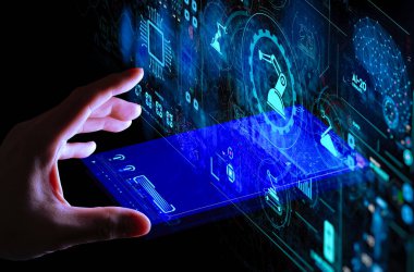 Ui izleme sistemi yazılımı ile akıllı fabrika otomotiv endüstriyel makine ile mühendis el kontrol ve kontrol kaynak robotik otomatik silah simgesi.