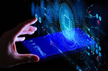 Makine derin öğrenme ve veri madenciliği ile yapay zeka (Ai) ve başka bir akıllı telefon teknolojisi Ui ile Cpu simgesine elle dokunarak.