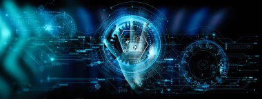 Dijital pazarlama medya (web sitesi reklam, e-posta, sosyal ağ, Seo, video, mobil uygulama) Modern Ui bilgisayar elle dokunarak.