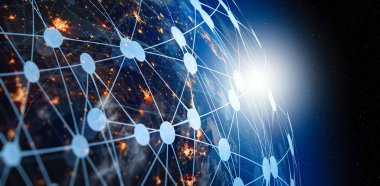 İnternet işi için iletişim teknolojisi. Dünya üzerindeki küresel iletişim ağı ve telekomünikasyon kripto para birimi, engelleme zinciri ve IOT. Bu görüntünün elementleri NASA tarafından desteklenmektedir