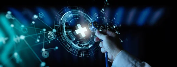 Doctor Hand Met Stethoscoop Icon Medical Ziekenhuis Met Medische Technologie — Stockfoto