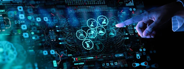 Ui izleme sistemi yazılımı ile akıllı fabrika otomotiv endüstriyel makine ile mühendis el kontrol ve kontrol kaynak robotik otomatik silah simgesi.