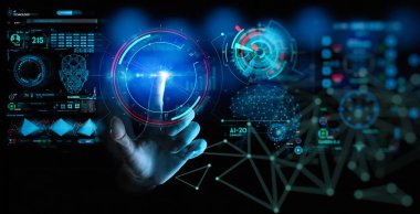 İş kadını El yüz tanımlama ile Kilidini için Ui dokunmadan. Yüz tanıma konsepti.