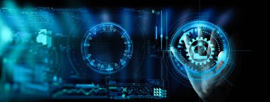 Ui izleme sistemi yazılımı ile akıllı fabrika otomotiv endüstriyel makine ile mühendis el kontrol ve kontrol kaynak robotik otomatik silah simgesi.