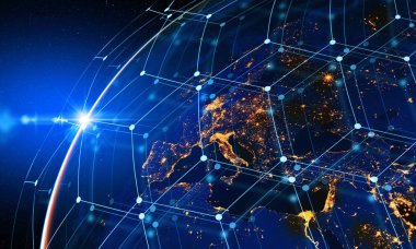 İnternet işi için iletişim teknolojisi. Dünya üzerindeki küresel iletişim ağı ve telekomünikasyon kripto para birimi, engelleme zinciri ve IOT. Bu görüntünün elementleri NASA tarafından desteklenmektedir