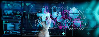 Güzellik terapisi, vücut bakımı, sağlık hizmetleri, sağlık tedavisi, modern Ui bilgisayarında steteskopla Doktor Hand tarafından yapılan konsept çalışmaları..