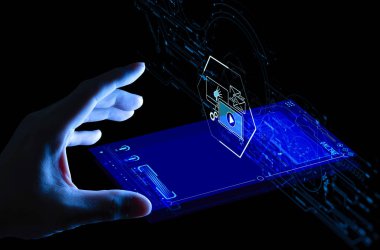 Akıllı telefon Ui bilgisayarında dijital pazarlama medyası (web sitesi reklamı, e-posta, sosyal ağ, Seo, video, mobil uygulama) elle dokunulan Ui bilgisayarında.