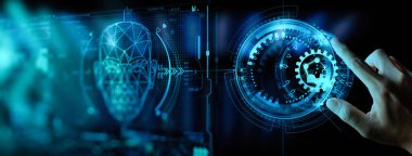 Ui izleme sistemi yazılımı ile akıllı fabrika otomotiv endüstriyel makine ile mühendis el kontrol ve kontrol kaynak robotik otomatik silah simgesi.