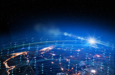 İnternet işi için iletişim teknolojisi. Dünya üzerindeki küresel iletişim ağı ve telekomünikasyon kripto para birimi, engelleme zinciri ve IOT. Bu görüntünün elementleri NASA tarafından desteklenmektedir