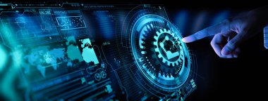 Ui izleme sistemi yazılımı ile akıllı fabrika otomotiv endüstriyel makine ile mühendis el kontrol ve kontrol kaynak robotik otomatik silah simgesi.