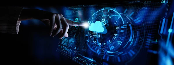 Ruční Tlačení Ikona Cloud Computing Technology Internet Storage Network Concept — Stock fotografie