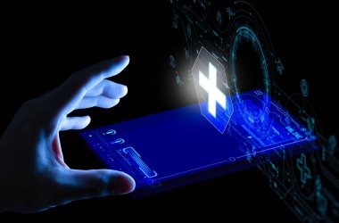 Tıbbi teknoloji ağ kavramı ile hastanede stetoskop ve Ui simgesi tıbbi doktor el.