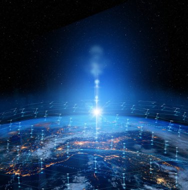 İnternet işi için iletişim teknolojisi. Dünya üzerindeki küresel iletişim ağı ve telekomünikasyon kripto para birimi, engelleme zinciri ve IOT. Bu görüntünün elementleri NASA tarafından desteklenmektedir