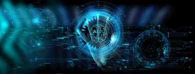 dijital yapay zeka arayüzü kullanan iş adamı yeni modern bilgisayar.