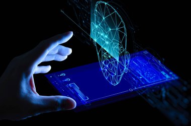 Yüz tanıma ile kilidi açmak için akıllı telefonun Ui 'sine dokunmak. Yüz tanıma konsepti.