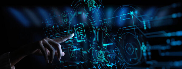 Ручное касание иконки системы управления данными документооборота Business Internet Technology Concept
.