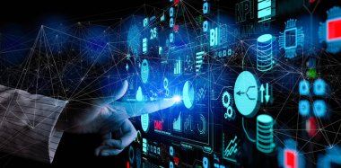 Kpi finansal grafikleri ve grafik ve otomatik pazarlama panosu ile iş kadını el dokunmabağlı dişli dişli ile iş veri analizi süreç yönetimi.