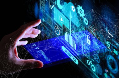 Kpi finansal grafikleri ve grafik ve otomatik pazarlama panosu ile el dokunmaİşİş veri analizi süreç yönetimi.