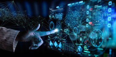 Kriptopara birimi ve Ai conputer arabirimi ile çalışan iş eli.