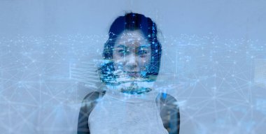 Kablosuz ağ ve Bağlantı teknolojisi ile iş kadını ve şehir manzarasının çift pozlama.