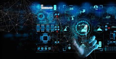 Ui izleme sistemi yazılımı ile akıllı fabrika otomotiv endüstriyel makine ile mühendis el kontrol ve kontrol kaynak robotik otomatik silah simgesi.