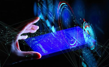 İş kadını El yüz tanımlama ile Kilidini için Ui dokunmadan. Yüz tanıma konsepti.