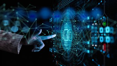 Yapay zeka (Ai) makine derin öğrenme ve veri madenciliği ve başka bir modern bilgisayar teknolojileri Ui elle Cpu simgesi dokunmadan ile.
