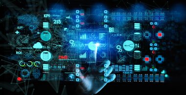 Kpi finansal grafikleri ve grafik ve otomatik pazarlama panosu ile iş kadını el dokunmabağlı dişli dişli ile iş veri analizi süreç yönetimi.