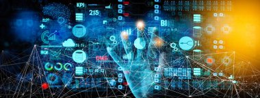 Kpi finansal grafikleri ve grafik ve otomatik pazarlama panosu ile iş kadını el dokunmabağlı dişli dişli ile iş veri analizi süreç yönetimi.