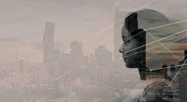 Double Exposure Businesswoman Cityscape Wireless Network Connection Technology — Stock Photo, Image