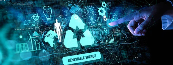 Hand Touching Sustainable Development Fui Icons Renewable Energy Natural Resources — Stock Photo, Image